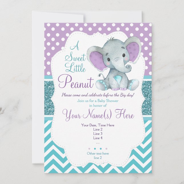 Cute Purple Teal Elephant Invitation Baby Shower (Front)