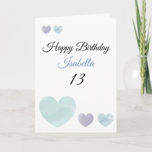 Cute Purple  Teal Watercolor Hearts 13th Birthday Card