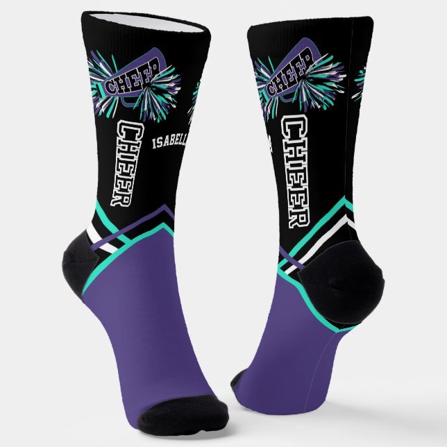 Cute Purple, Teal, White and Black Cheer  Socks (Angled)