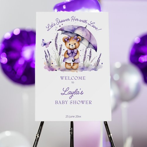 Cute purple teddy bear baby shower welcome sign