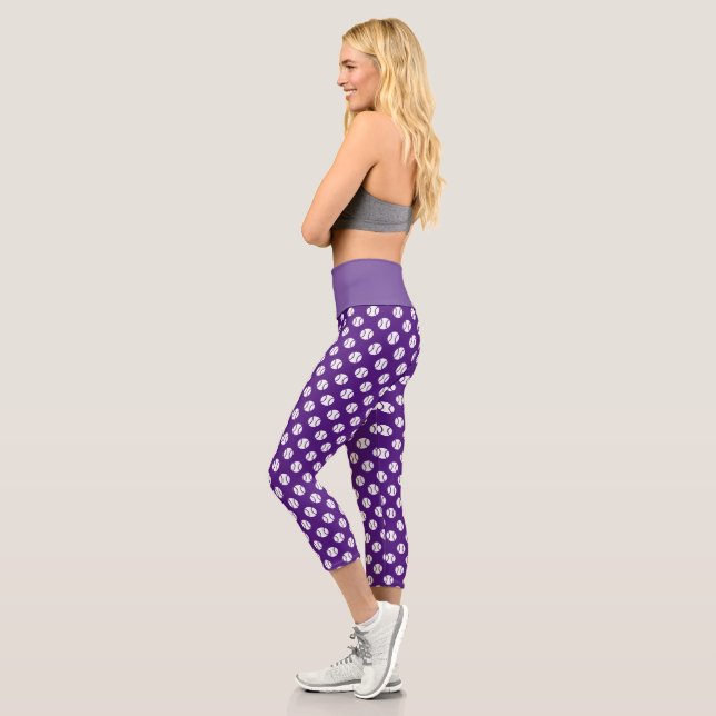 Cute purple tennis ball print sports high waist capri leggings (Left)