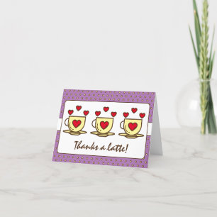 Cute Purple Thanks A Latte With Hearts Coffee Letterpress Thank You Card