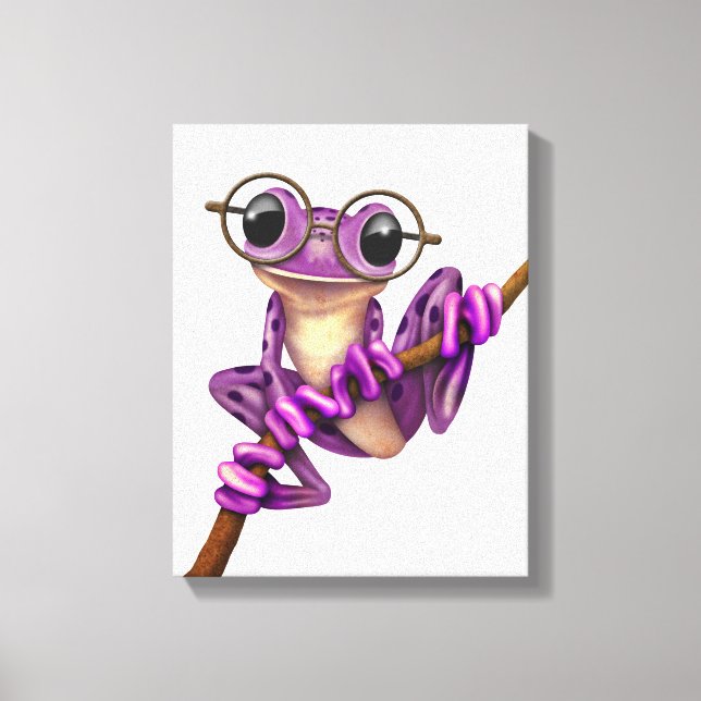 Cute Purple Tree Frog with Eye Glasses on White Canvas Print (Front)
