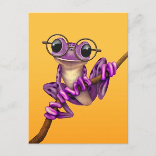 Cute Purple Tree Frog with Eye Glasses on Yellow Postcard