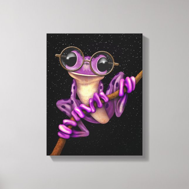 Cute Purple Tree Frog with Eye Glasses with Stars Canvas Print (Front)