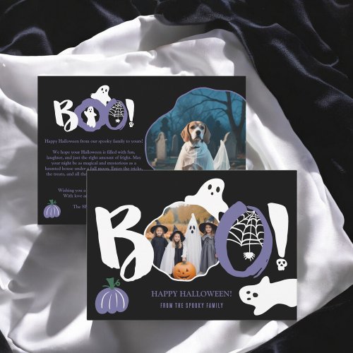 Cute purple trendy Boo ghosts 2 photos Halloween Holiday Card