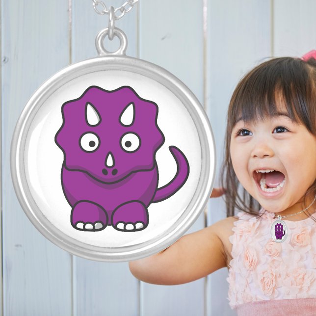 Cute Purple Triceratops Cartoon Fun Dinosaur Silver Plated Necklace (Cute Purple Triceratops Cartoon Fun Dinosaur Silver Plated Necklace)