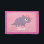 Cute Purple Triceratops Dinosaur Girls Wallet<br><div class="desc">A wallet with a cute cartoon purple triceratops dinosaur with big round eyes,  and pink horns on its head. Sweet and girly pink background with dots arranged in diagonal squares pattern. Great for kids who love the prehistoric or Jurassic themes! Personalise with girl's name.</div>