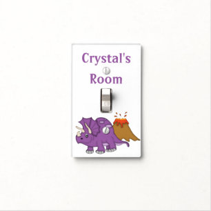 Cute Purple Triceratops Dinosaur/Volcano+Add Name Light Switch Cover