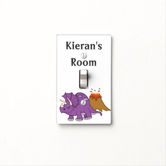 Cute Purple Triceratops Dinosaur/Volcano+Add Name Light Switch Cover (In Situ)
