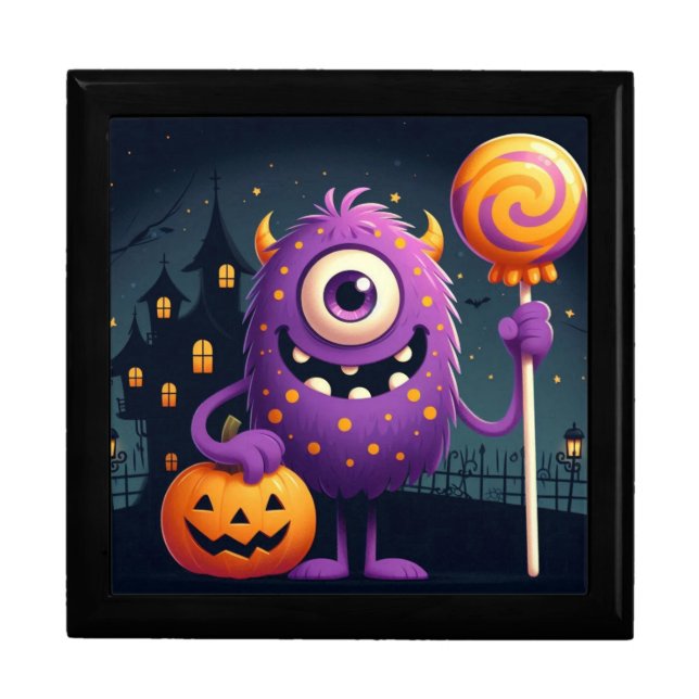 Cute, purple trick-or-treating monster gift box (Front)