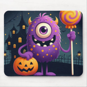 Cute, purple trick-or-treating monster mouse pad