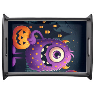 Cute, purple trick-or-treating monster serving tray