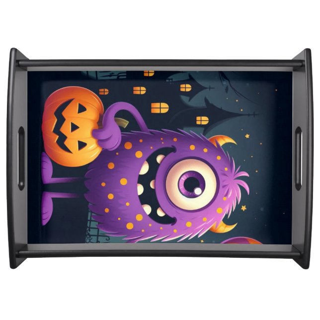 Cute, purple trick-or-treating monster serving tray (Front)