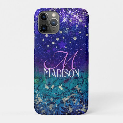 Cute purple turquoise ombre glitter monogram iPhone 11 pro case
