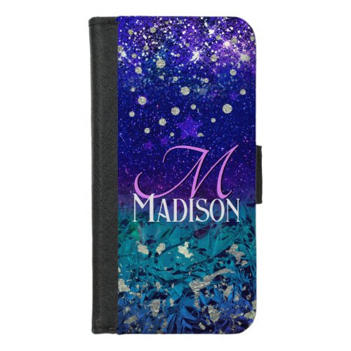 Cute purple turquoise ombre glitter monogram iPhone 87 wallet case