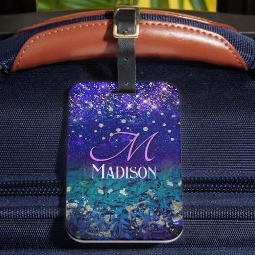 Cute purple turquoise ombre glitter monogram luggage tag