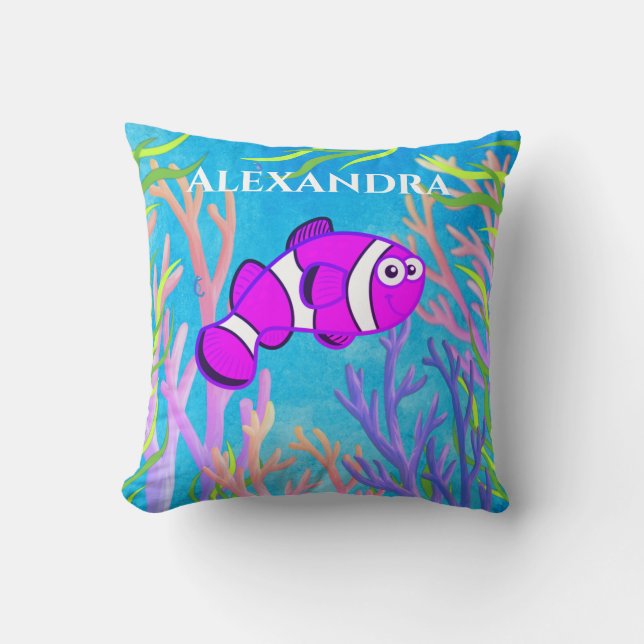 Cute purple Under the Sea Fish and Starfish Throw Pillow (Front)