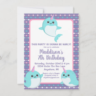 Cute Purple Under The Sea Narwhal Birthday Invitation