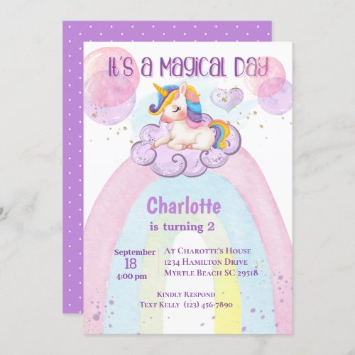 Cute Purple Unicorn 2nd Birthday Rainbow   Invitation
