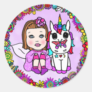 Cute Purple Unicorn and Fairy Floral border Classic Round Sticker