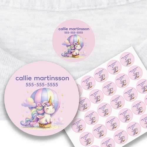 Cute Purple Unicorn Balloon Childs Name Phone Kids Labels