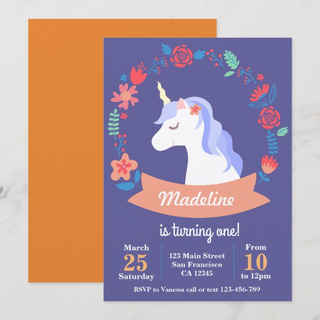 Cute purple unicorn floral birthday invitation (Front/Back)