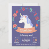 Cute purple unicorn floral birthday invitation (Front)