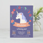Cute purple unicorn floral birthday invitation (Standing Front)
