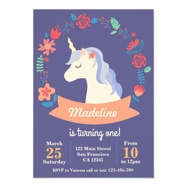 Cute Purple Unicorn Floral Birthday Invitation