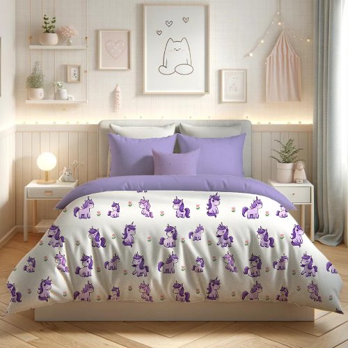 Cute Purple Unicorn Floral Duvet Cover