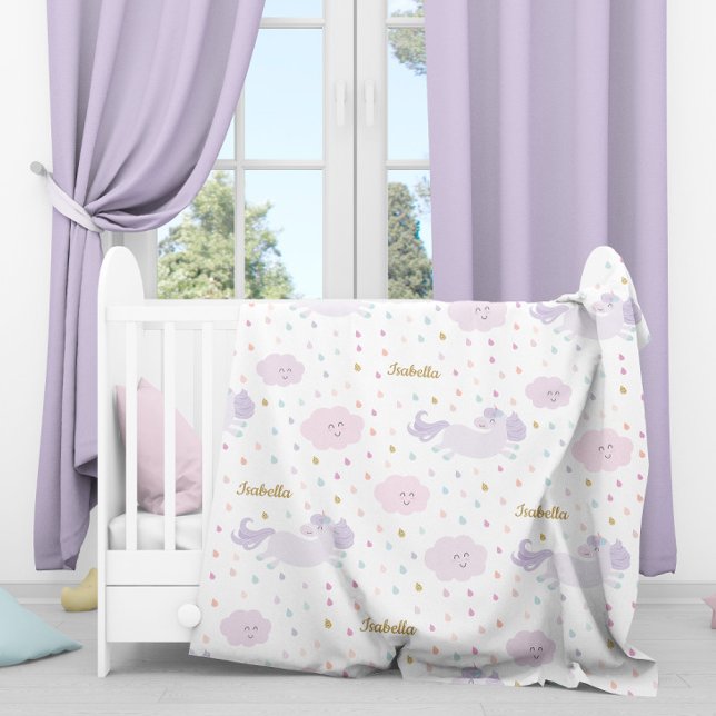 Cute Purple Unicorn Girl's Personalized Fleece Blanket (Creator Uploaded)