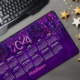 Cute Purple Unicorn Glitter Drips 2024 calendar  Desk Mat