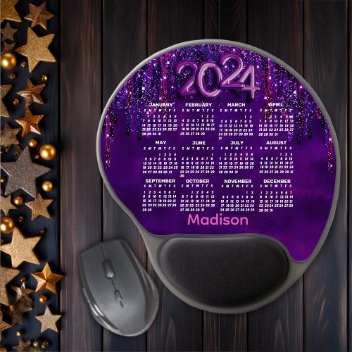 Cute Purple Unicorn Glitter Drips 2024 calendar  Gel Mouse Pad