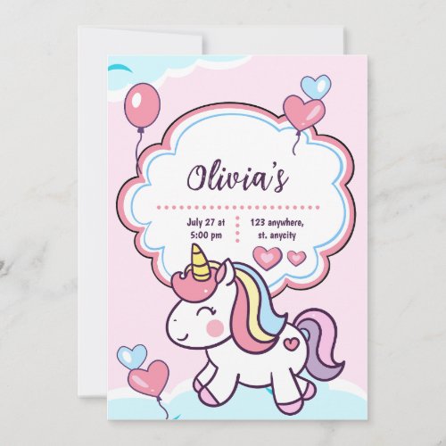 Cute Purple Unicorn Kids Birthday Invitation