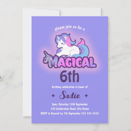 Cute Purple Unicorn Magical Any Age 6th Birthday Invitation