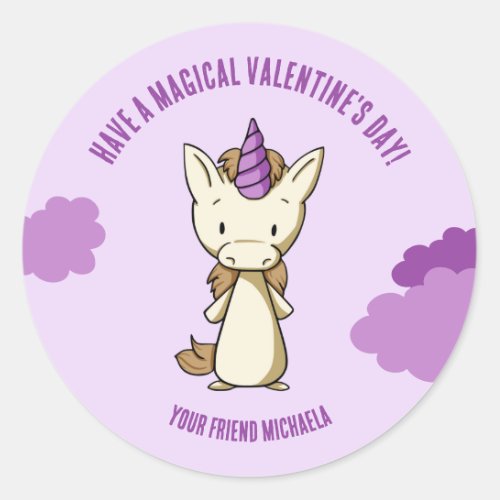Cute Purple Unicorn Magical Valentines Day Classic Round Sticker