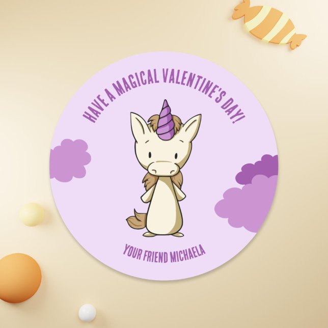 Cute Purple Unicorn Magical Valentine's Day Classic Round Sticker (Creator Uploaded)