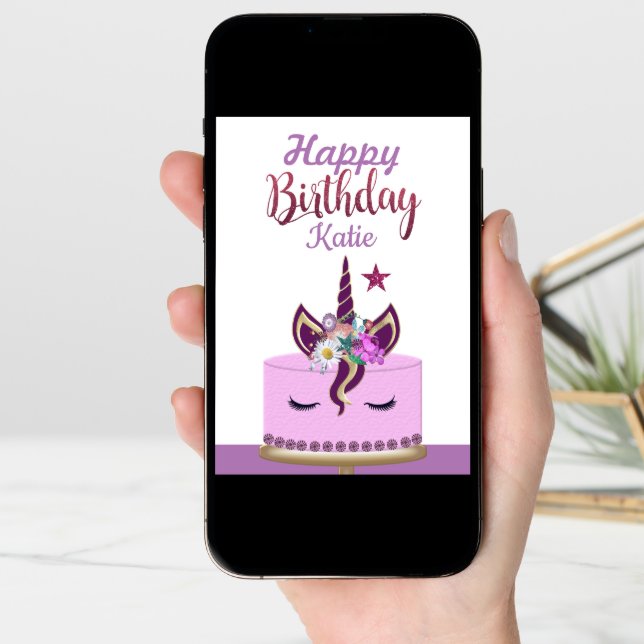 Cute Purple Unicorn Personalised Birthday Card (Front Digital)