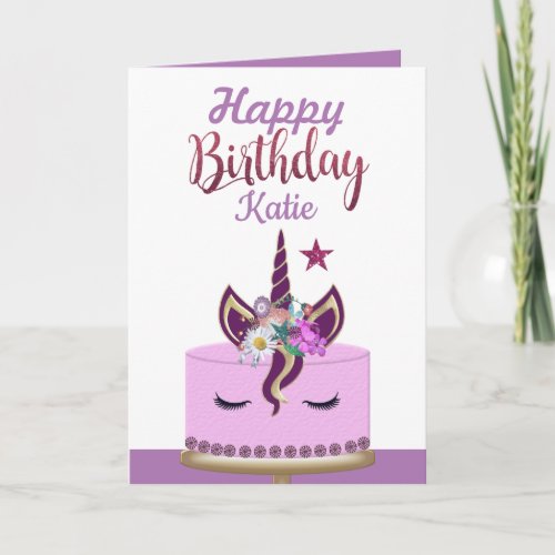 Cute Purple Unicorn Personalised Birthday Card