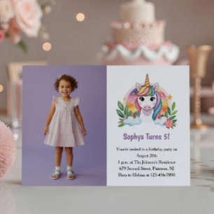 Cute Purple Unicorn Photo Kids Birthday Party Invitation