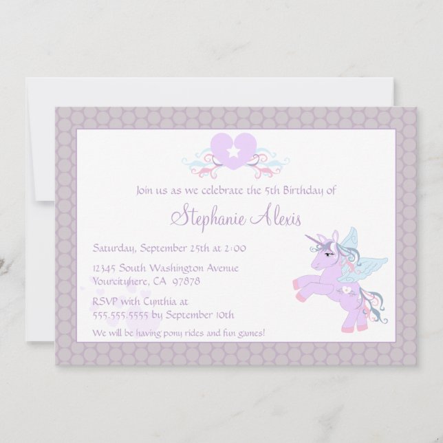 Cute purple unicorn pony birthday party invitation (Front)