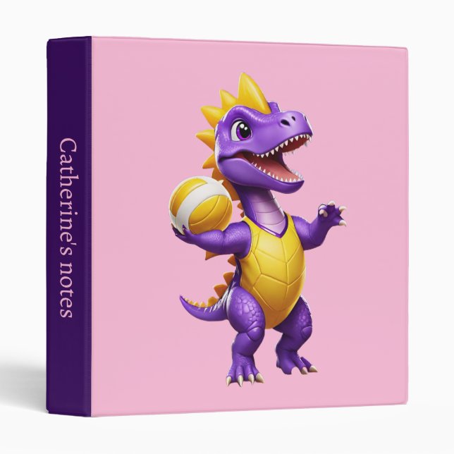 Cute purple volleyball dinosaur 3 ring binder (Front/Spine)