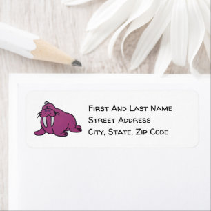 Cute Purple Walrus Cartoon, Friendly Ocean Nature Label