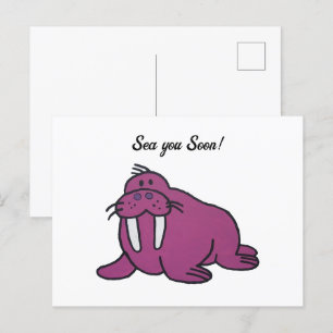 Cute Purple Walrus Cartoon, Friendly Ocean Nature Postcard