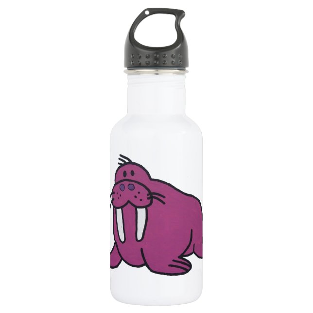 Cute Purple Walrus Cartoon, Friendly Ocean Nature Water Bottle (Front)