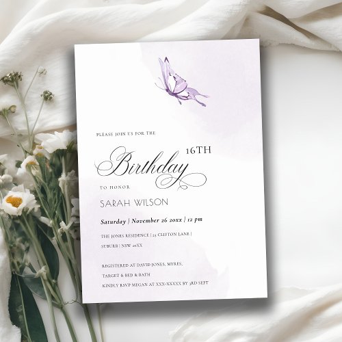 Cute Purple Watercolor Butterfly Any Age Birthday Invitation