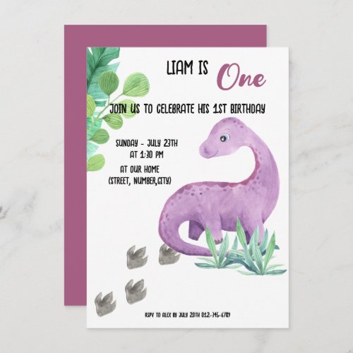 Cute Purple Watercolor Dinosaur 1st Birthday  Invitation