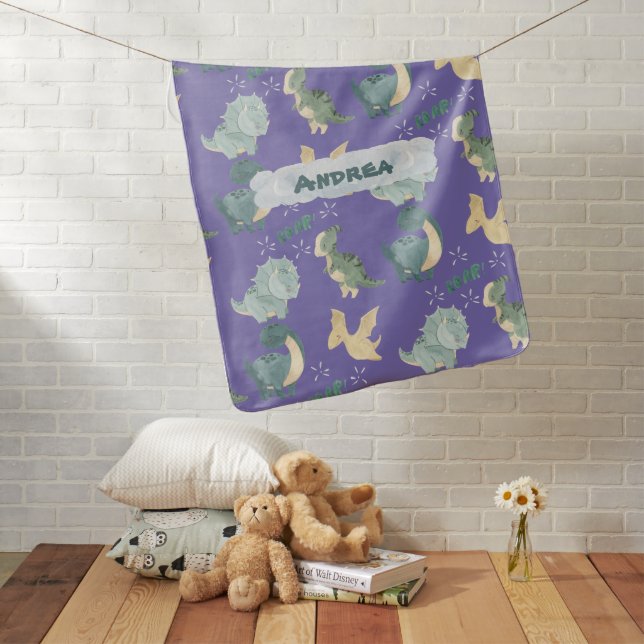 Cute Purple Watercolor Dinosaur Baby Blanket (In Situ)