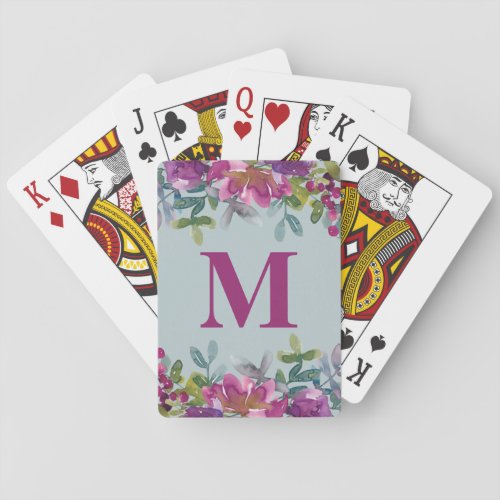 Cute Purple Watercolor Floral Blue Monogram Poker Cards